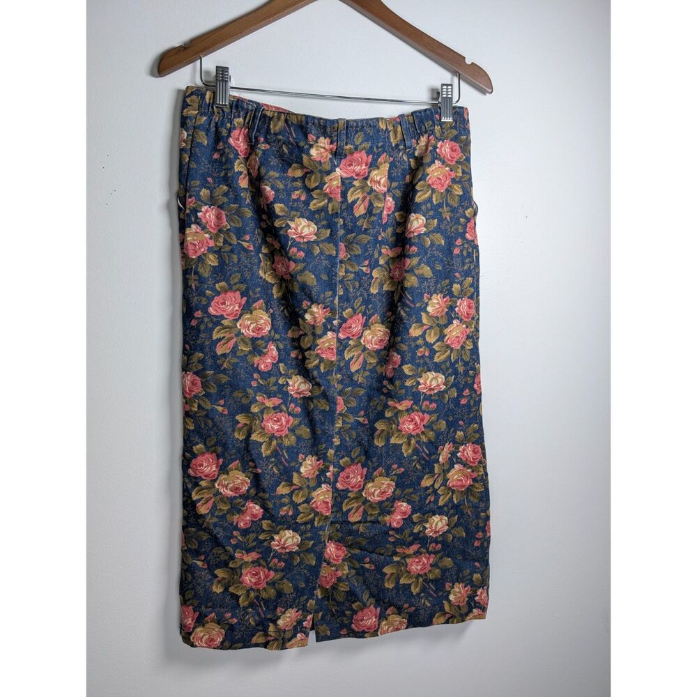 Vintage Orvis Floral Denim Midi Skirt Rose Print Button Front Cotton Cottagecore - Picture 5 of 9